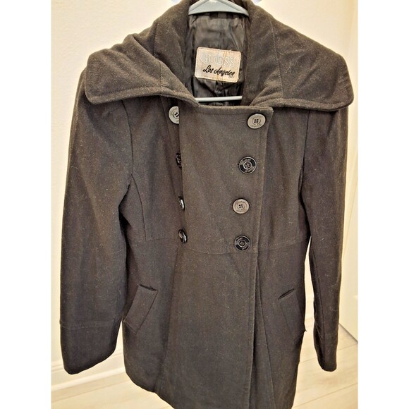 Guess Black Double Breasted Peacoat Wide Shawl Collar Fitted Wool Blend S 2000s - Picture 1 of 8
